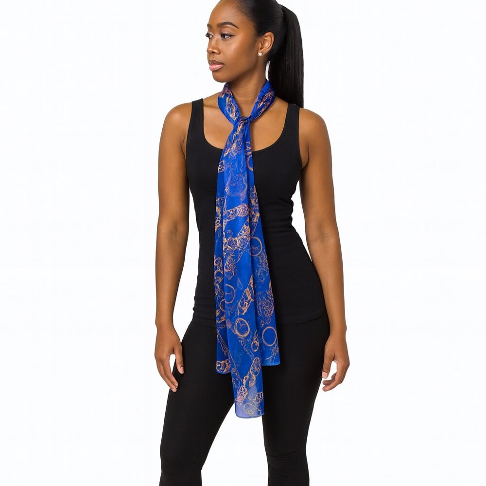 Royal Blue & Gold Chain-Print Sheer Scarf